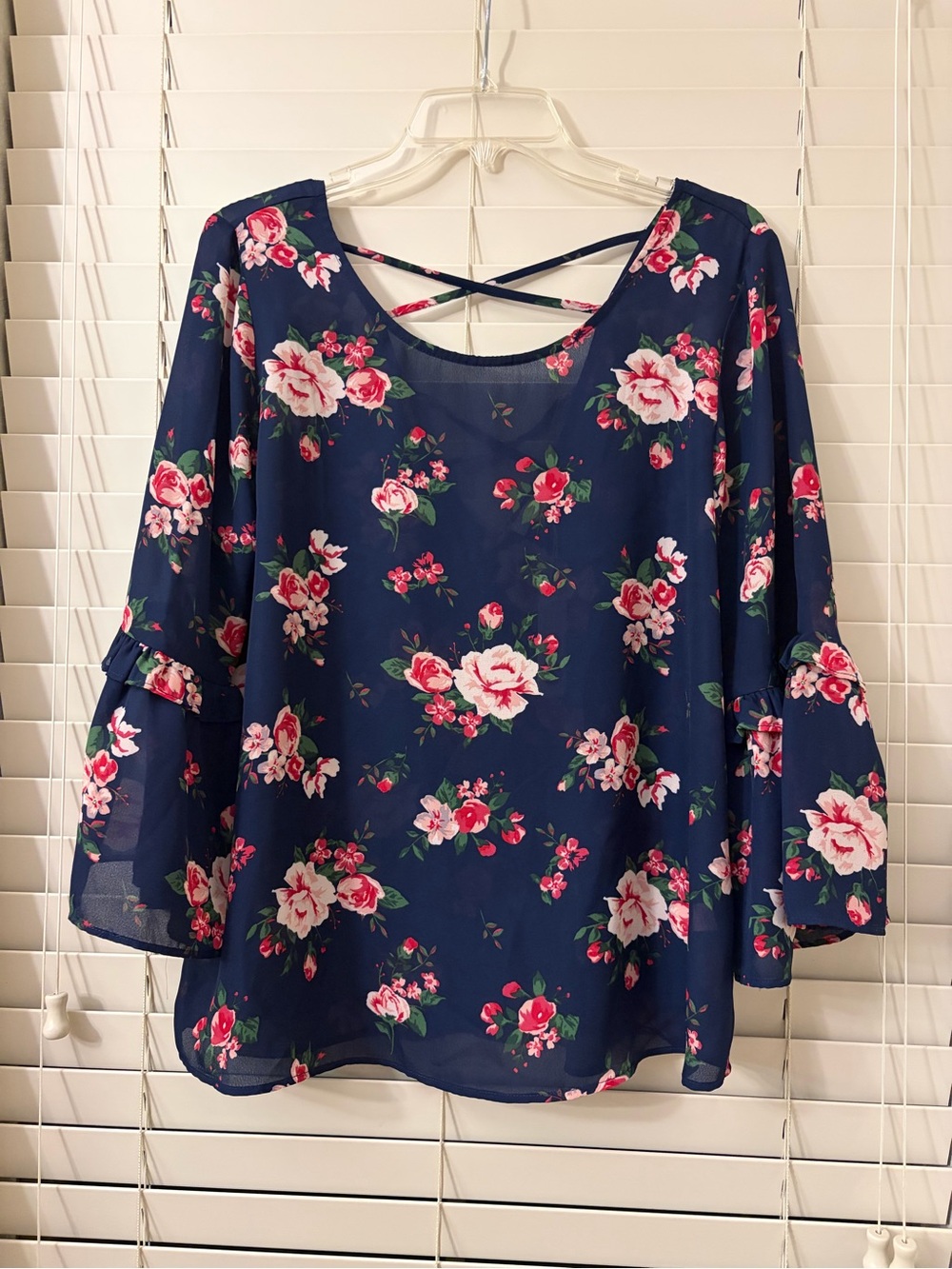 Charming Charlie Blouse Women’s Large Navy Blue Floral Ruffle Bell Sleeve Top